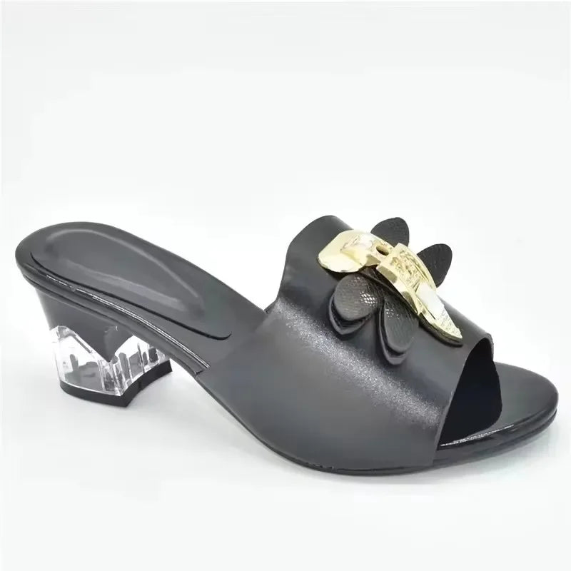 Women's Italian High Heel Slippers Shoes with Metal Trim and Rhinestones for Ladies Suitable for Autumn Wedding