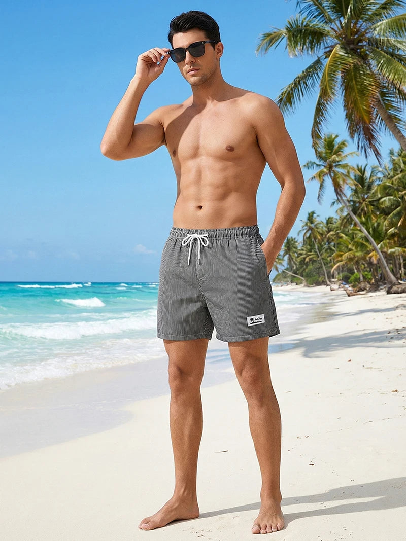 Men’s Quick-Dry Striped Swim Shorts – Beach Board Shorts with Mesh Liner & Pockets for Summer Swimwear