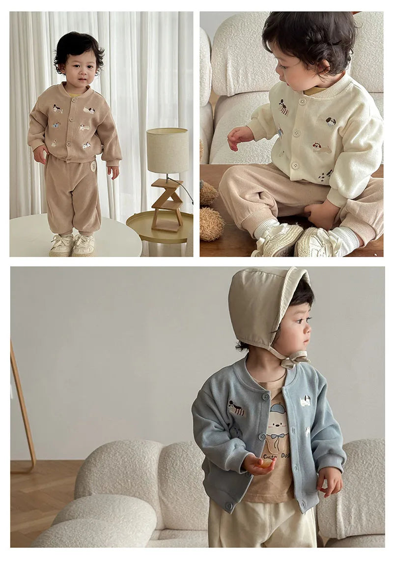 New Autumn Boys Girls Dog Baseball Uniform Cartoon Embroidered Pattern Kids Coat Fashion Children Clothes Pants 9M-5T Unisex