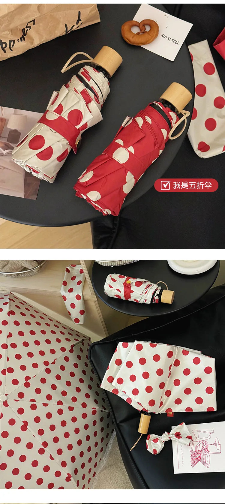 Large Polka Dots AutoOpen/Close Women’s Retro Aesthetic 2-in-1 Umbrella - UPF 50+ Protection 3-Fold Compact, Windproof & Stylish