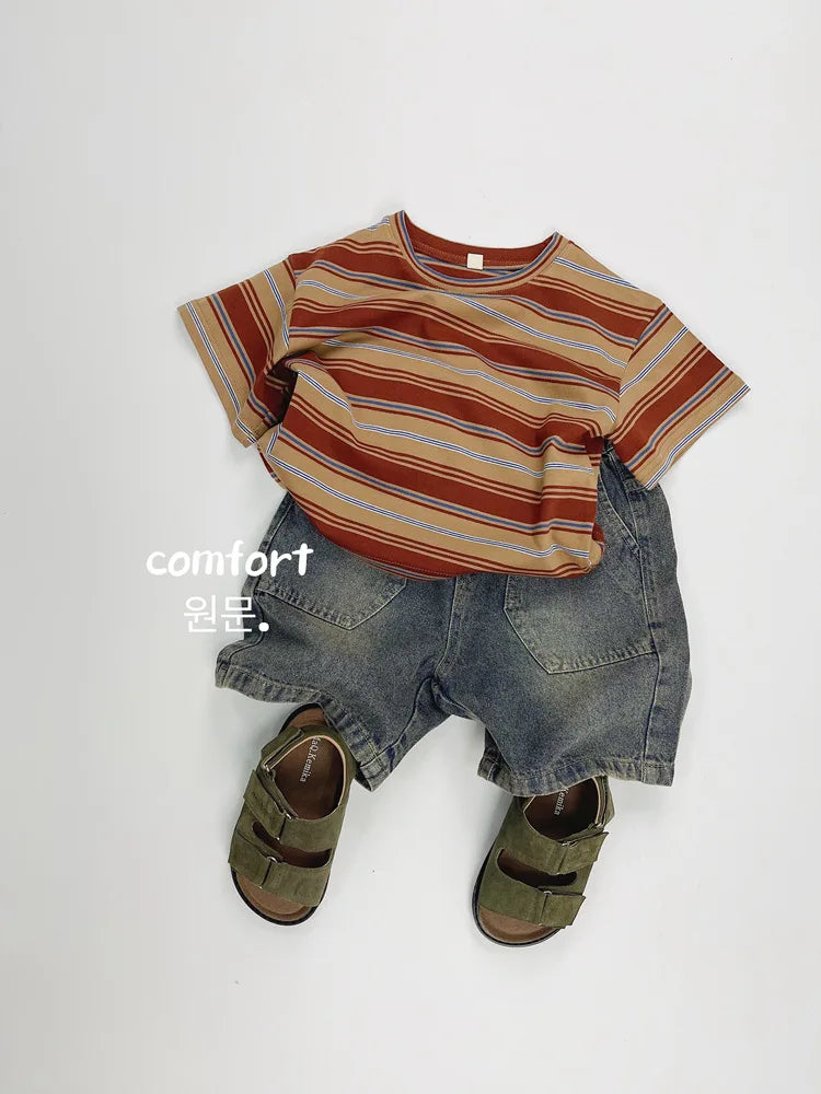 2025 Summer New Children Short Sleeve T-Shirts Cotton Baby Boy Girl Casual Striped Tees Toddler Versatile Tops Kids Clothes