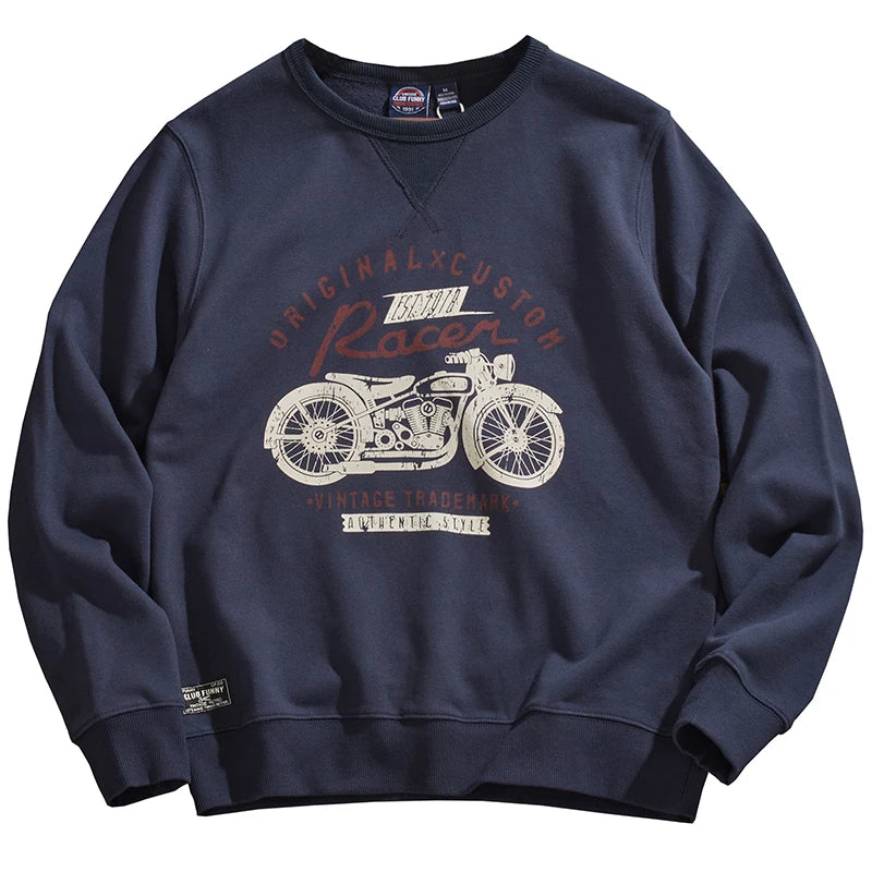 Herfst Nieuwe Amerikaanse Retro 450g Dikke Fluwelen Motorfiets Bedrukte Sweatshirts Heren Eenvoudige Gewassen Jeugd Casual Pullover Sportkleding