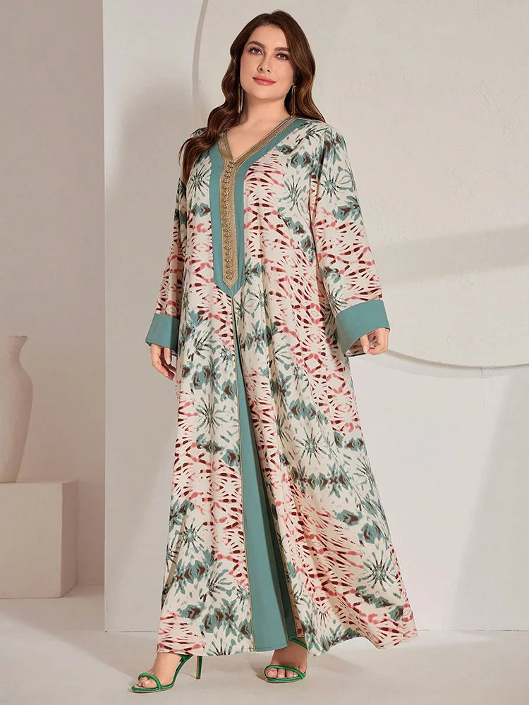 Women's Summer Print A-Line Abaya Elegant Long Dresses Plus Size Tie-Dye & Patchwork Woven Belt Arabic Clothing For Ladies