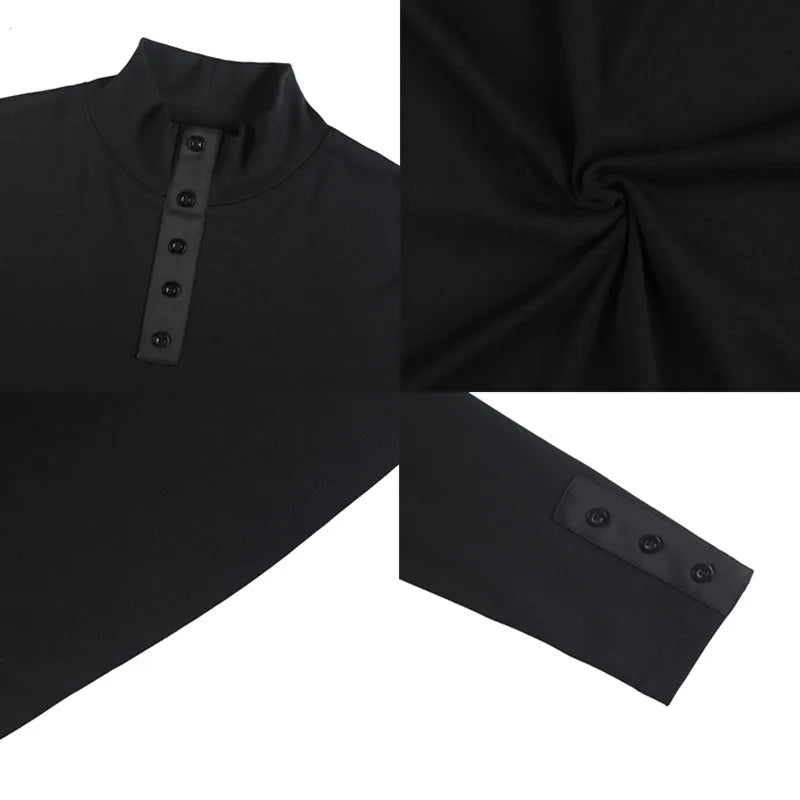 Men's High Quality Long Sleeve T-shirt For Autumn & Winter, Half-High Collar, Solid Colour Top. Collar Button Polo, Suitable As Business Casual