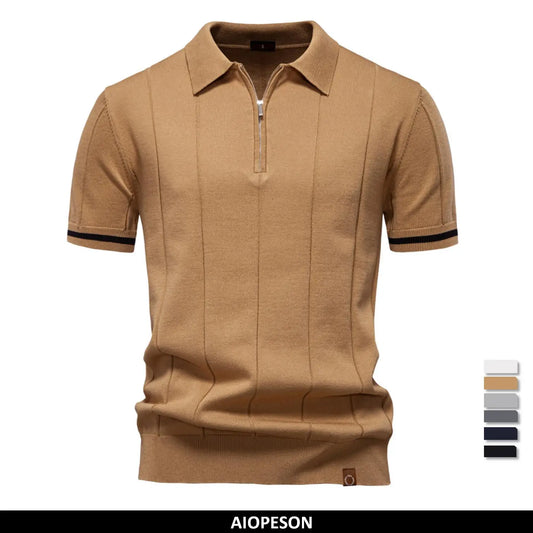 2025 Summer Men's Knit Cotton Polo Shirt - Breathable & Stretch Turn-Down Collar Design for Business Golf and Social Events
