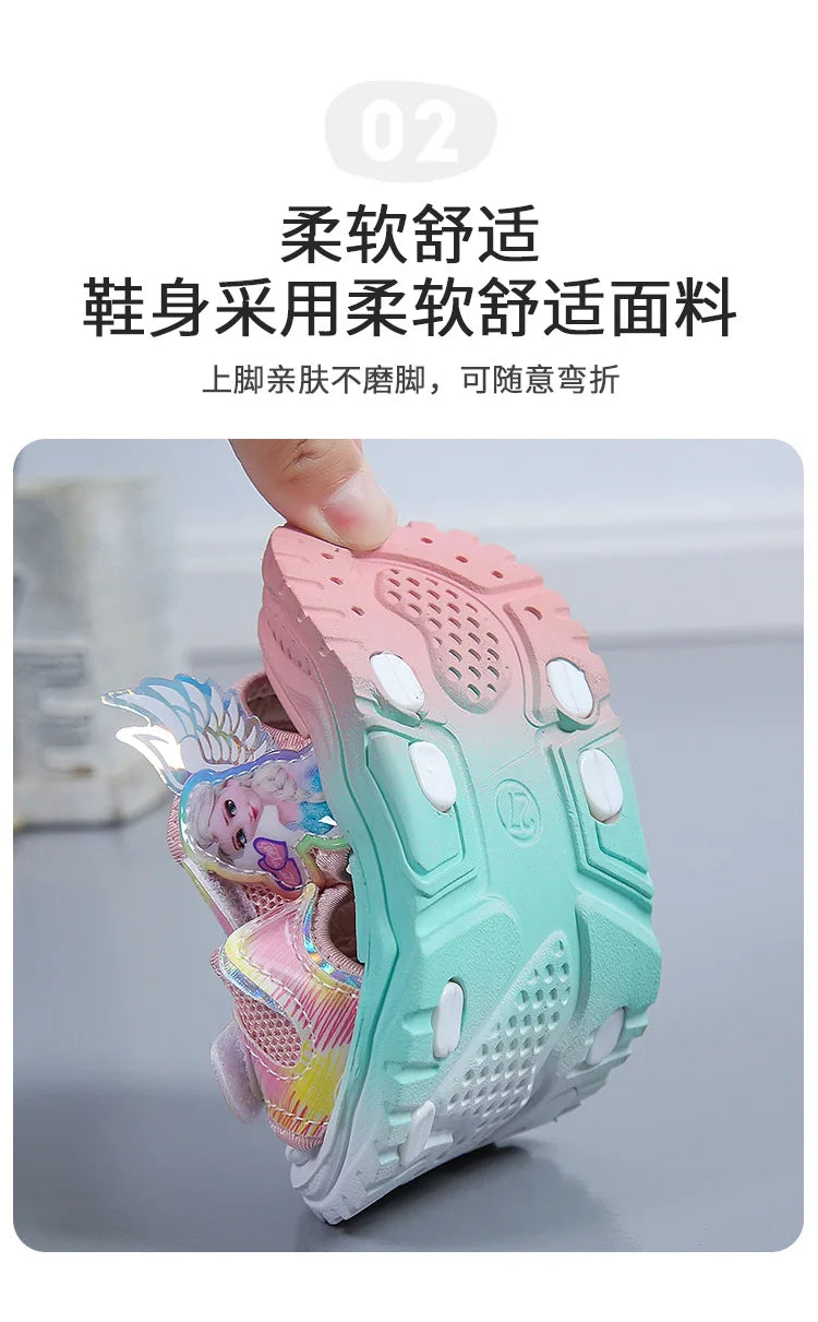 Disney Children Shoes Summer Elsa Girls Mesh Beach Sandals Fashion Frozen Princess Soft Bottom Light Peep Toe Sandals Size 26-36