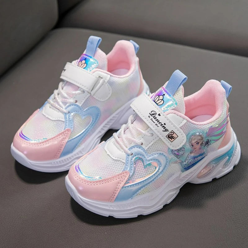 Girls' Casual Shoes Frozen Princess Elsa Sneakers Mesh Leather White Breathable Sole Children's Sport Shoes Size 26-37