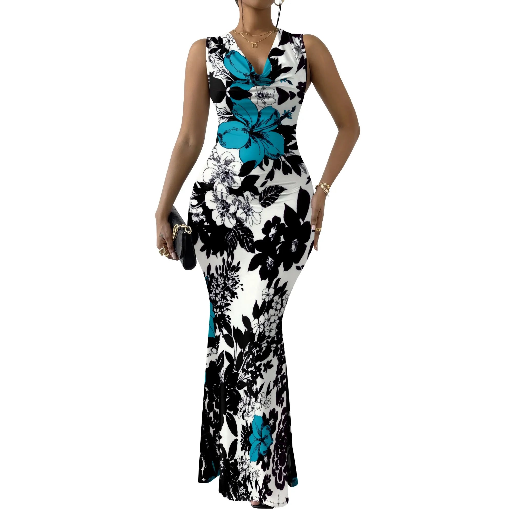 Women's V-Neck Sleeveless Maxi Dress Yellow Black Outline Floral Print Elegant Bodycon Summer Dress