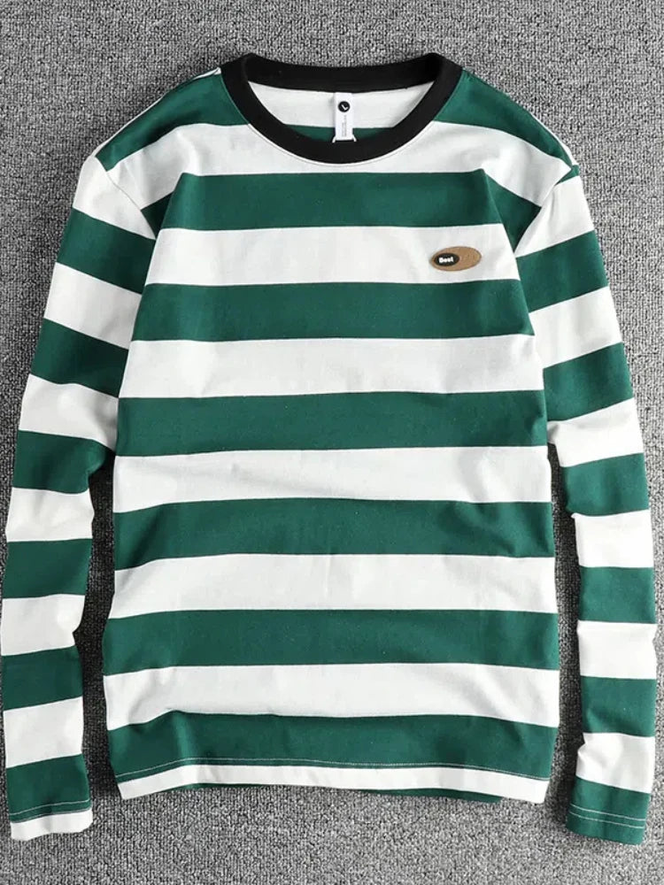 2024 Autumn New American Retro Long Sleeve O-neck Micro Chapter Striped T-shirt Men's Fashion 100% Cotton Washed Casual Tops