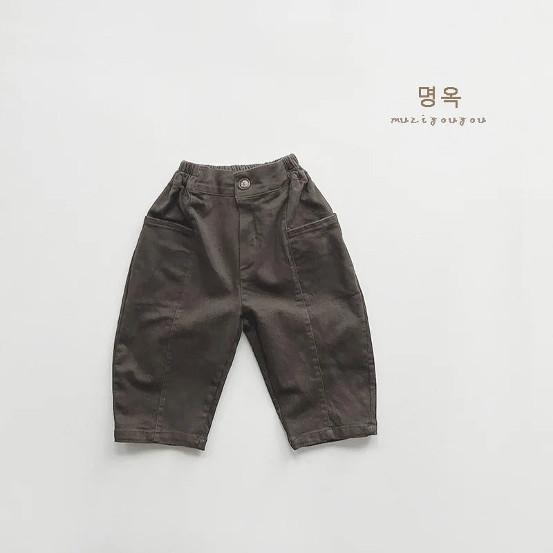 2025 Spring New Children Loose Trousers Toddler Pocket Casual Pants Infant Boys Girls Solid Versatile Harem Pants Kids Clothes Unisex