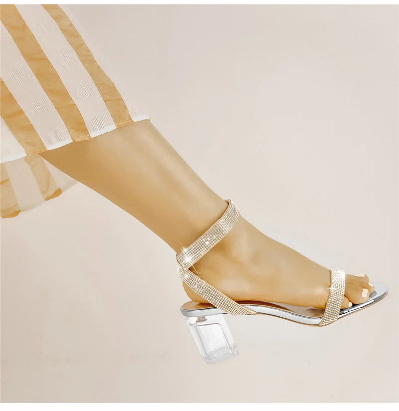 Women Peep Toe Rhinestone Strap Clear Block Chunky Sandals Transparent Perspex Chunky Heels Summer Sandals