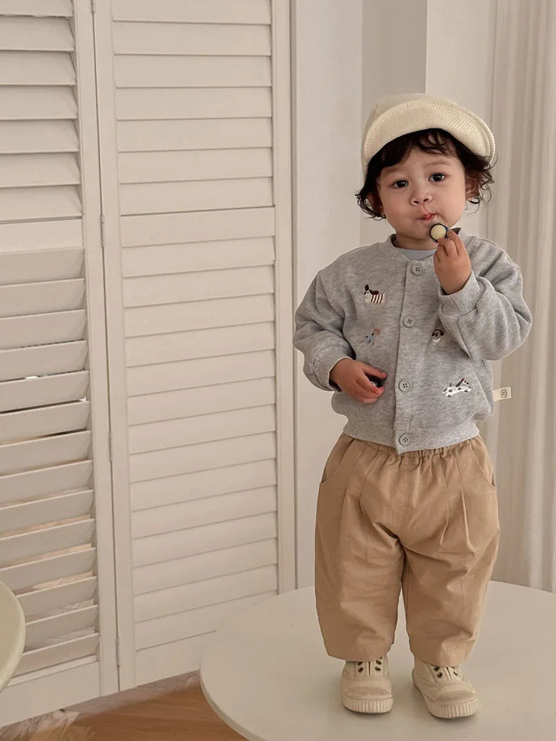 New Autumn Boys Girls Dog Baseball Uniform Cartoon Embroidered Pattern Kids Coat Fashion Children Clothes Pants 9M-5T Unisex