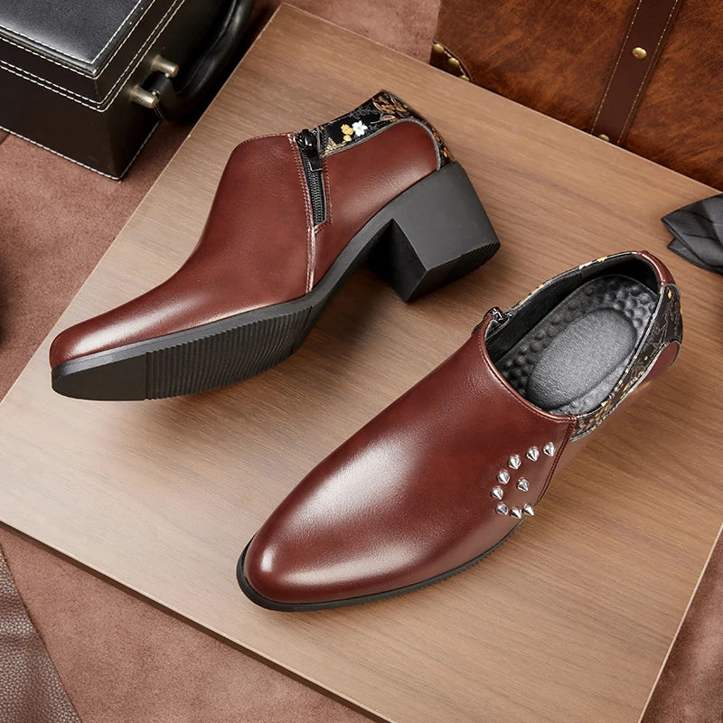 Retro Men European Fashionable Rivet Oxfords Dress Shoes High Heel Male Party Dressing Shoes Height Increasing Zipper Shoe