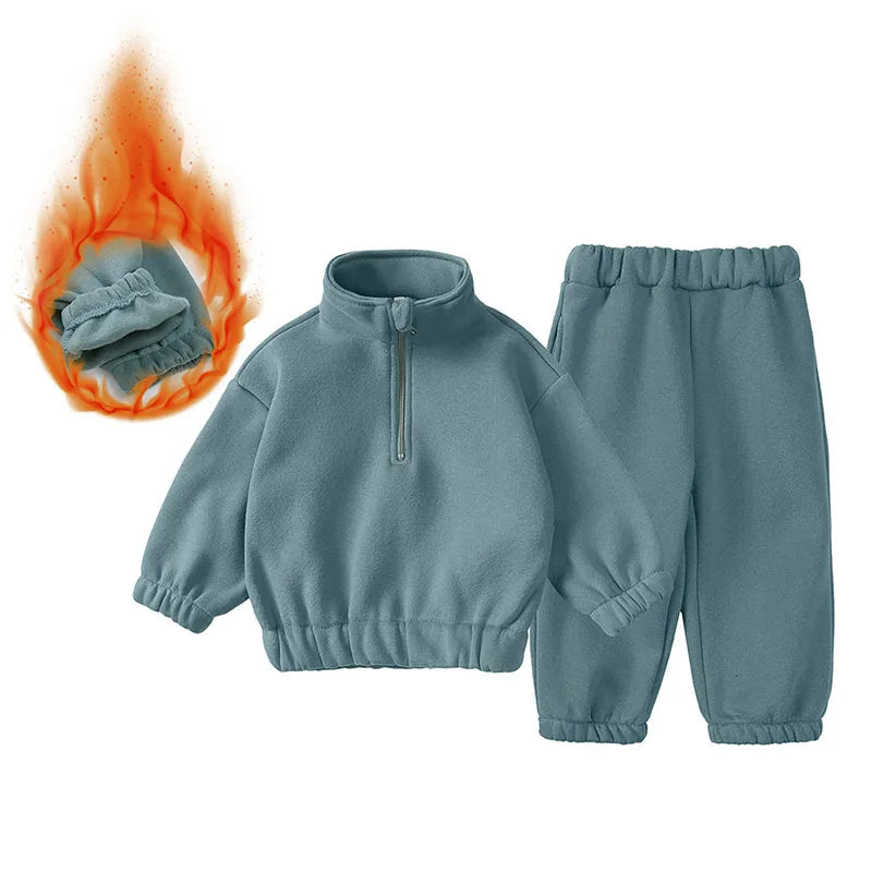 Baby Children's Fleece Lining Hoodies Set Spring Autumn Boys Sports Clothes 2PCS Girls Turtleneck Pullover Casual Suit 1-6Y Unisex