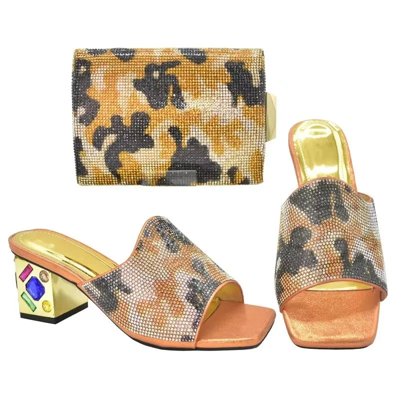 Women's Italian Luxury Shoes with Bag Set Decorated with Rhinestone Open Toe Pumps for party