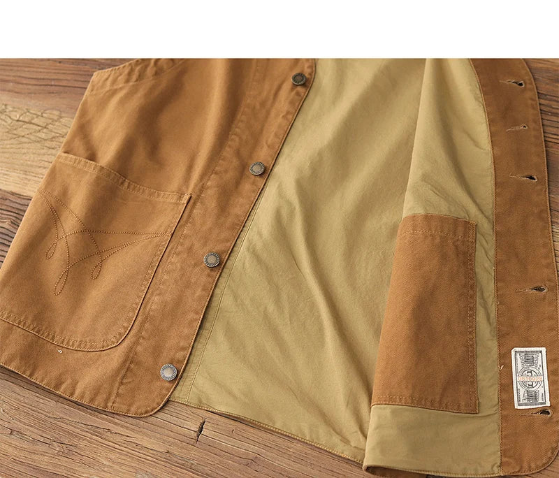 2024 Autumn New American Retro 12OZ Denim Cargo Vest Men's Simple 100% Cotton Washed Old Casual Multi-pocket Waistcoat Jacket