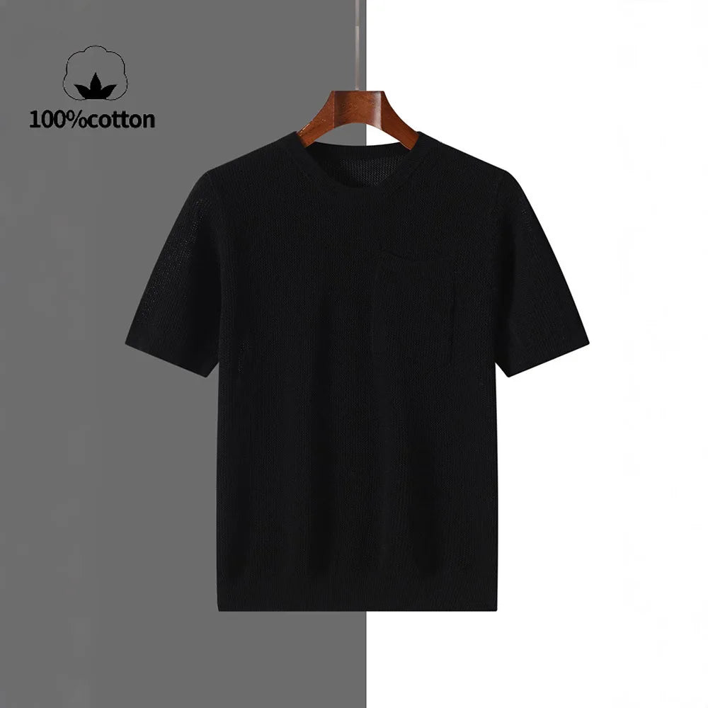 Men's 100% Cotton Pocket T-Shirt With Hollow-Out and Hollow O-neck Design, Breathable, Sweat-Wicking Daily Undershirt