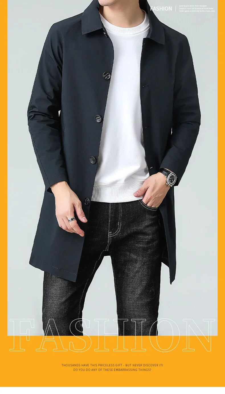 Men's Top Quality Brand Casual Fashion Long Trench Coat, Windbreaker Overcoat, and Male Slim Fit Jacket