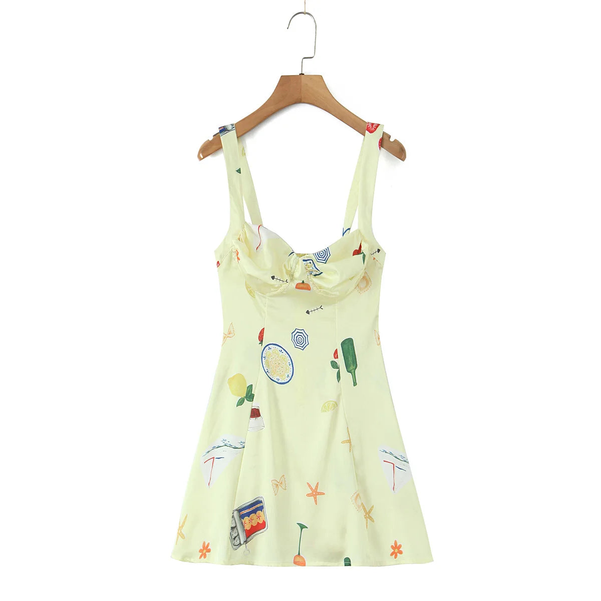 Cute Print Yellow Sexy Corset Style Sling Mini Dresses Women Summer A-line Holiday Dress Backless Robe