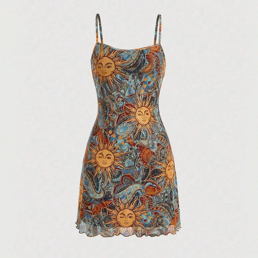 Dresses Summer Fashion Hot Sweet Graphic Print Design Sleeveless Square Neck Mini Casual Cami Milkmaid Women's Dresses