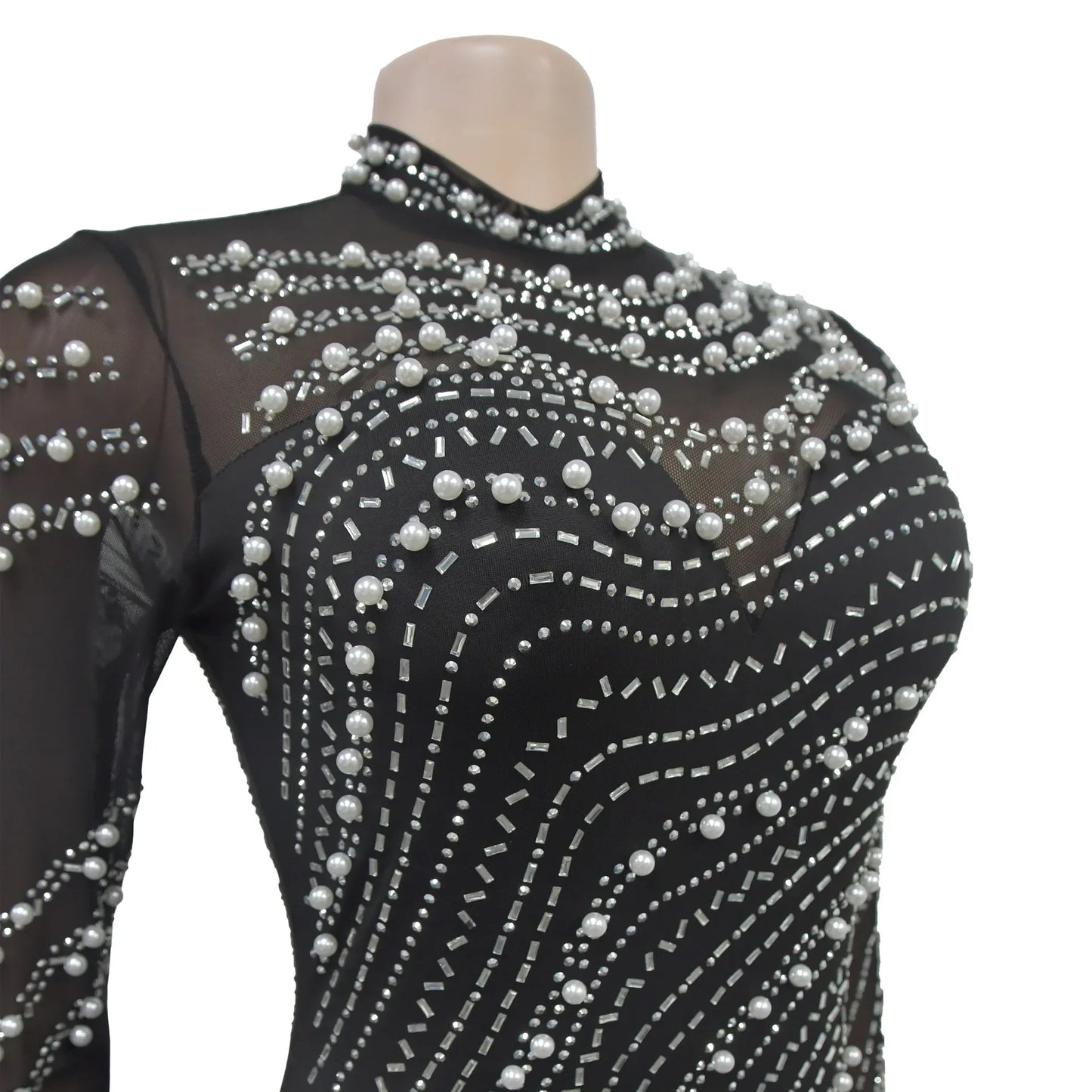 Sexy Mesh Patchwork Rhinestone Beads Floor Length Party Long Dress