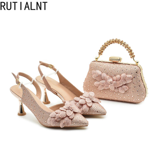 New Pointed Toe Heels with Small Bag Nigeria Fashion Party Women's Shoes and Bags Decorated with Rhinestone Wedding Shoes Bride