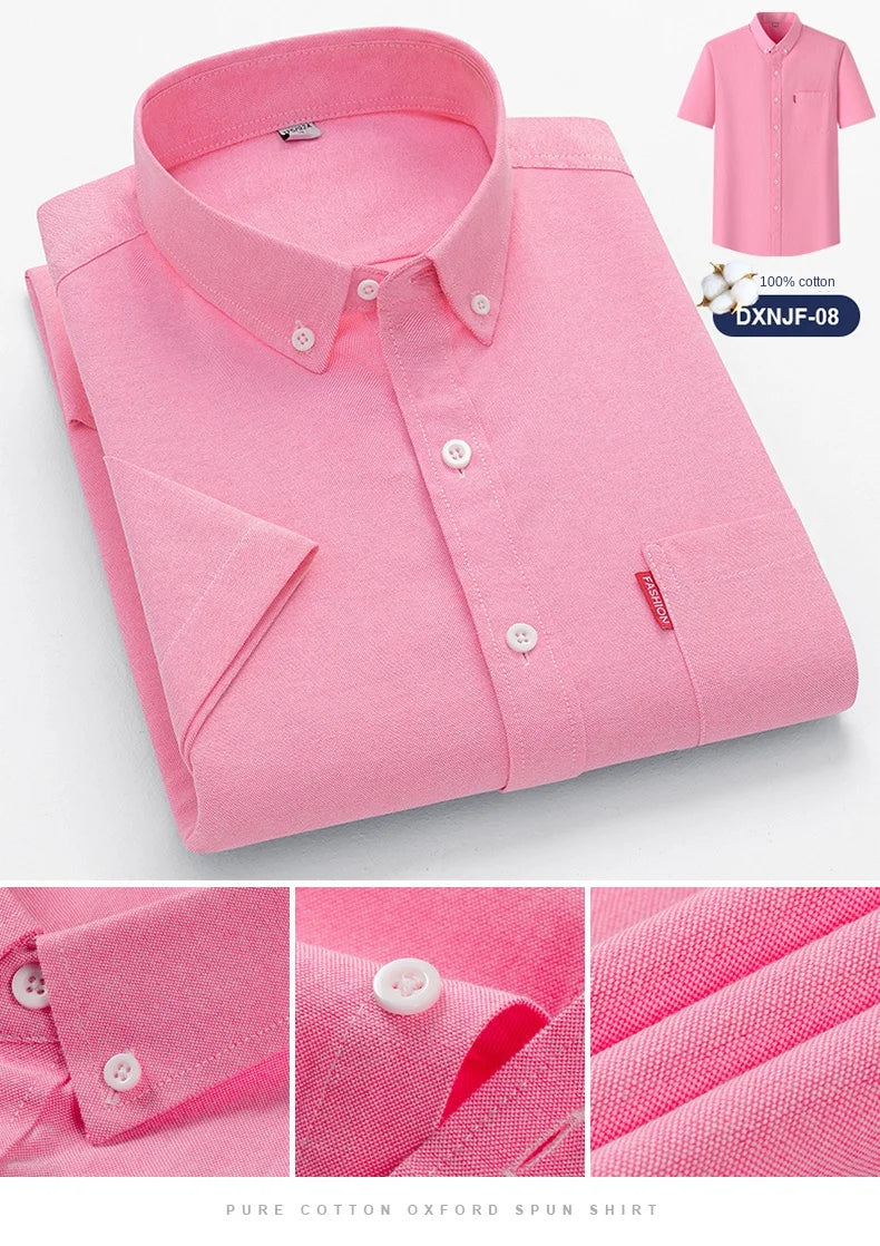 Men's Summer Shirts Short Sleeve 100% Cotton Luxury Oxford White Yellow Red Business Formal Dress Shirt Big Size 5XL