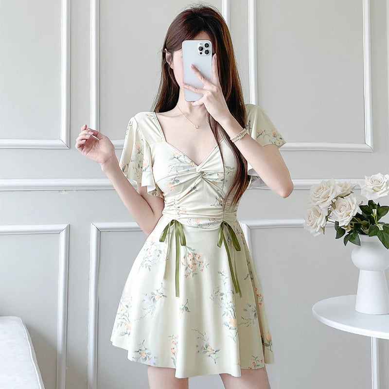 Elegant Pleated Ruffle Sleeve Swimsuit Women Fashion Printed Beach Bathing Suit Conservative Belly Covering Slimming Swimwear