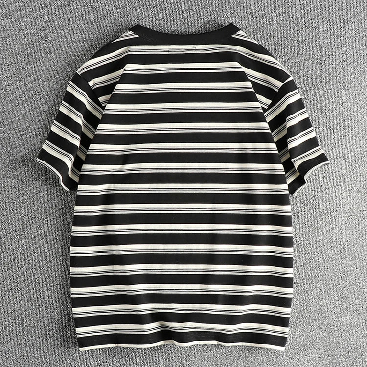 2024 Zomer Nieuw Amerikaans Retro 240g Korte Mouw O-hals Gestreept T-shirt Heren Eenvoudig 100% Katoen Gewassen Zware Casual Tops