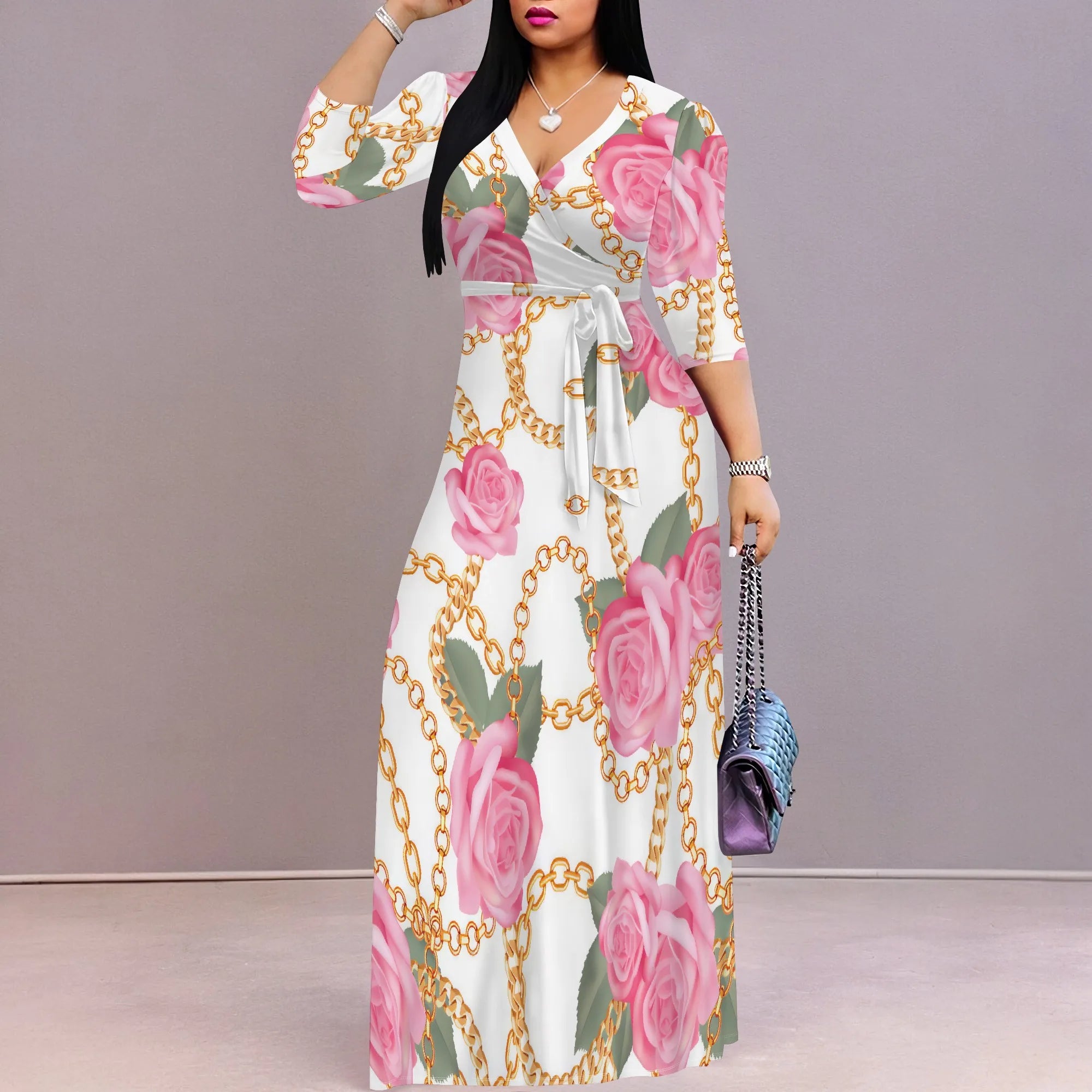 White Chain Rose Print Maxi Dress Women Elegant Floral Belted V Neck Summer Fashion