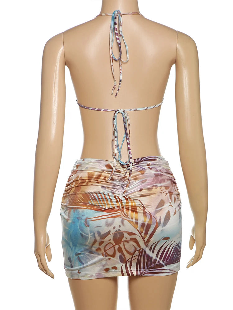 Backless Women Dress Pearl Chains Knot Wrap Summer Tie Dye Print Halter Bandage Backless Skinny Party Mini Bodycon