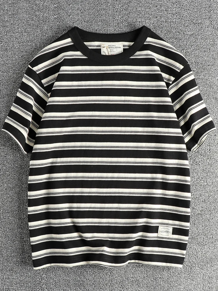 2024 Summer New American Retro 240g Short Sleeve O-neck Striped T-shirt Men's Simple 100% Cotton Washed Heavyweight Casual Tops