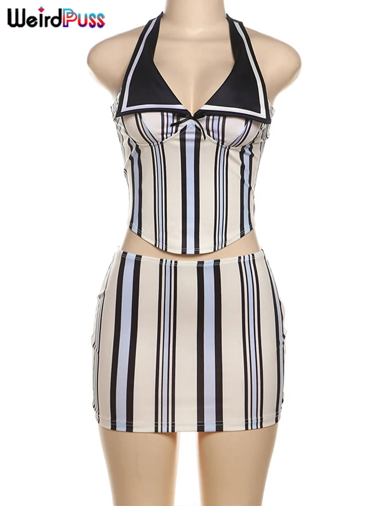 Stripe Print Women 2 Piece Set Summer Backless Low-Neck Halter Tank Tops + Skirts Fashion Vacation Streetwear Outfits