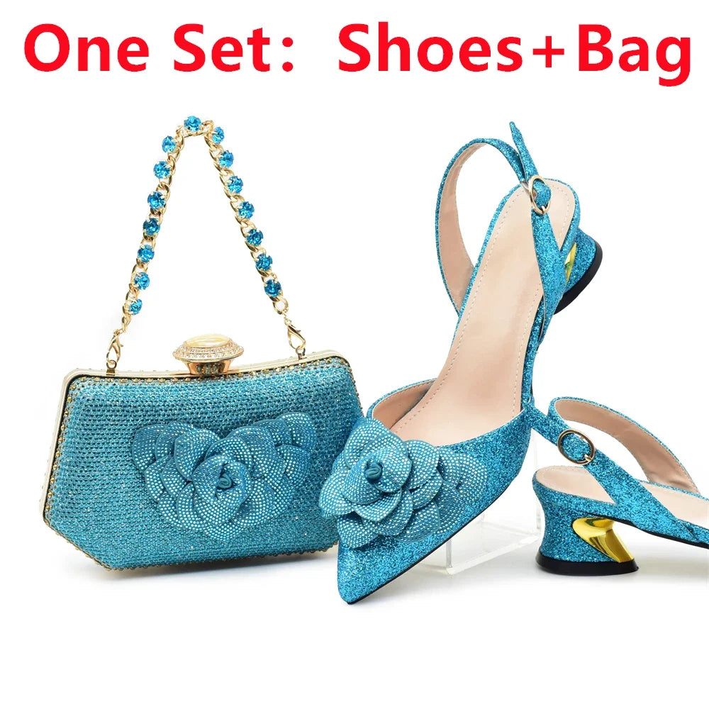 Designers Ladies Luxury Italian Party Shoes and Bag Set for Women Rhinestone-Decorated Suitable for Bride's Wedding