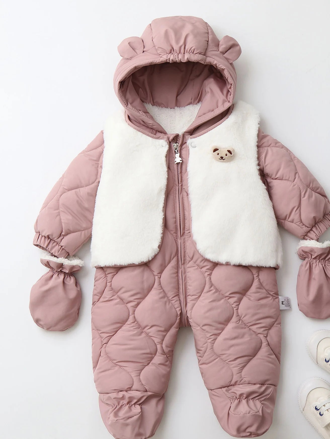 Baby's 2Pcs Winter Warm Clothes Thicken Fleece Rompers Jumpsuits Fur Lining Footie and Vest Snowsuit For Toddlers 0-2Y