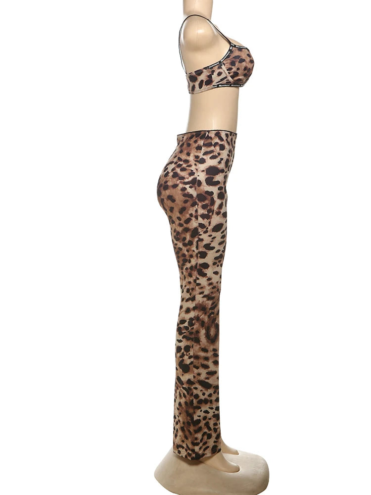 Stretch Women 2 Piece Set Activity Leopard Print Sexy Tracksuit Streetwear Sporty Camisole Vest + Leggings Skinny Outfits