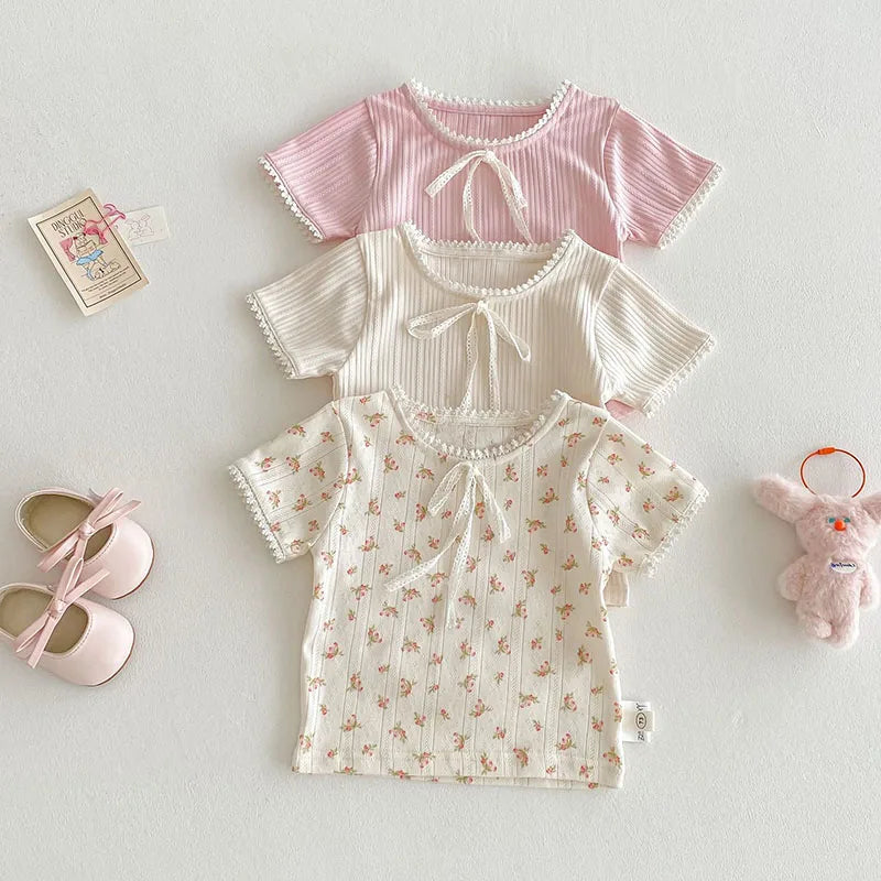 New Summer Kids T-shirt Boys Cute Hollow Out Floral Tops Children Thin Style Pit Strip Lace Girls Tee 1-5T Unisex