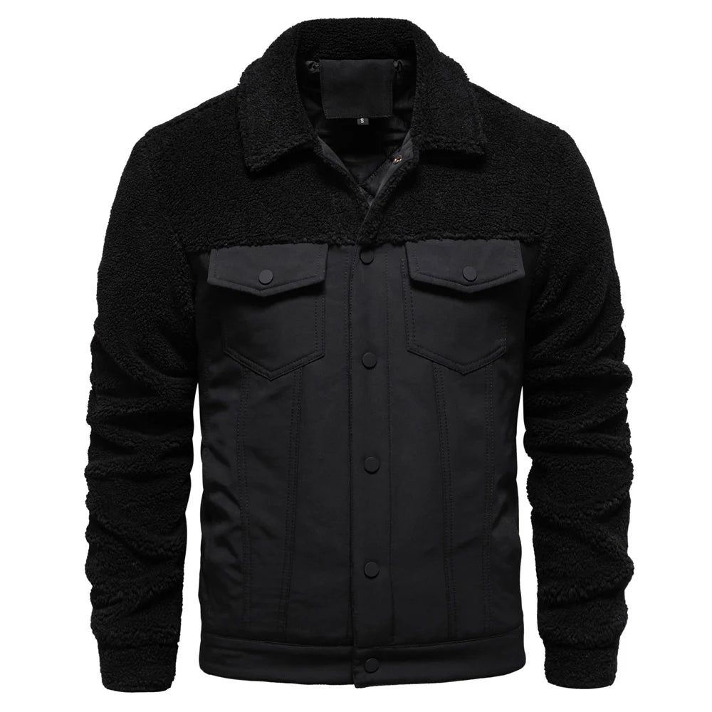 Men's Winter Warm Thick Sherpa Fleece Jacket Patchwork Fur Collar Fashion Casual Work Jackets for Men