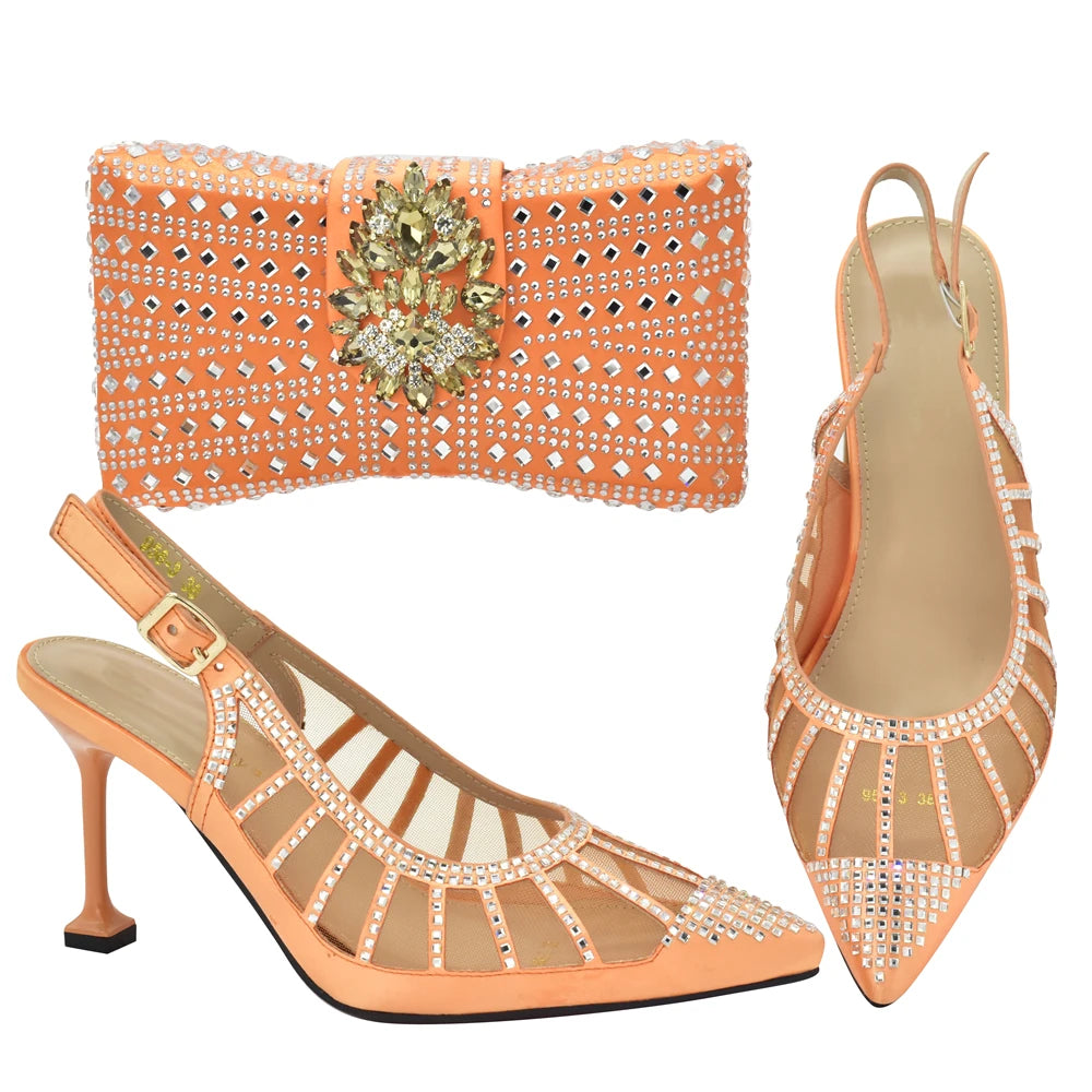 2025 Italian Shoes and Bags Matching Set Decorated with Rhinestone Plus Size Heels