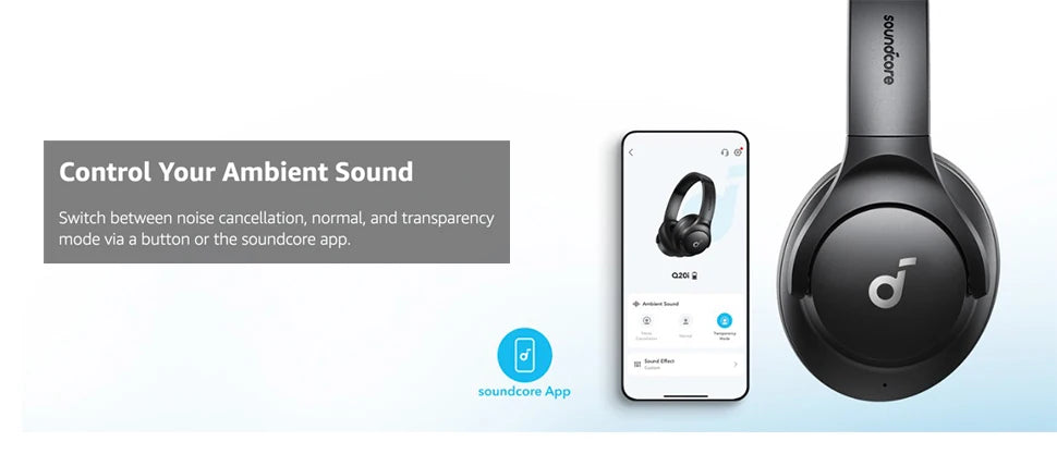 Soundcore by Anker Q20i Hybrid Active Noise Cancelling Headphones Wireless Over-Ear Bluetooth 40H Long ANC Playtime