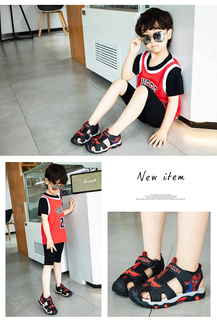 Children Sandals Male Summer Sandals Student Open Peep Toe Cartoon Beach Anti slip Soft Sole Black Blue Shoes Size 26-35
