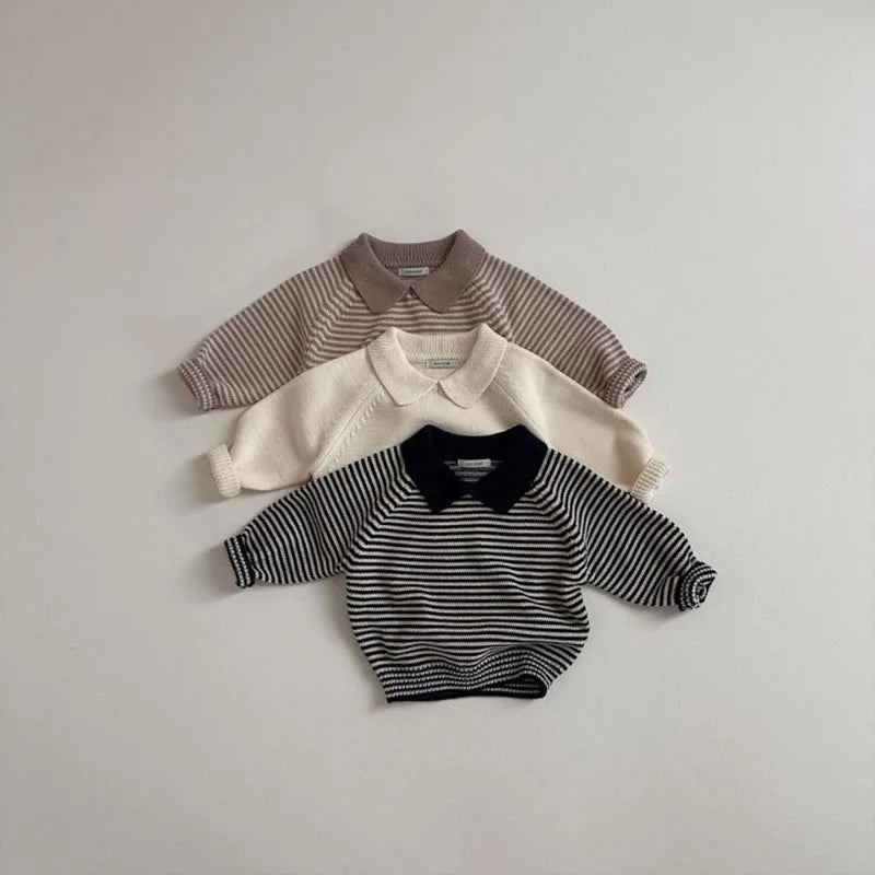 Baby Children's Sweater Turn Down Collar Kids Clothes Classic Striped Boys Jacket Sweaters Girls Knit Pullover 1-6Y Unisex