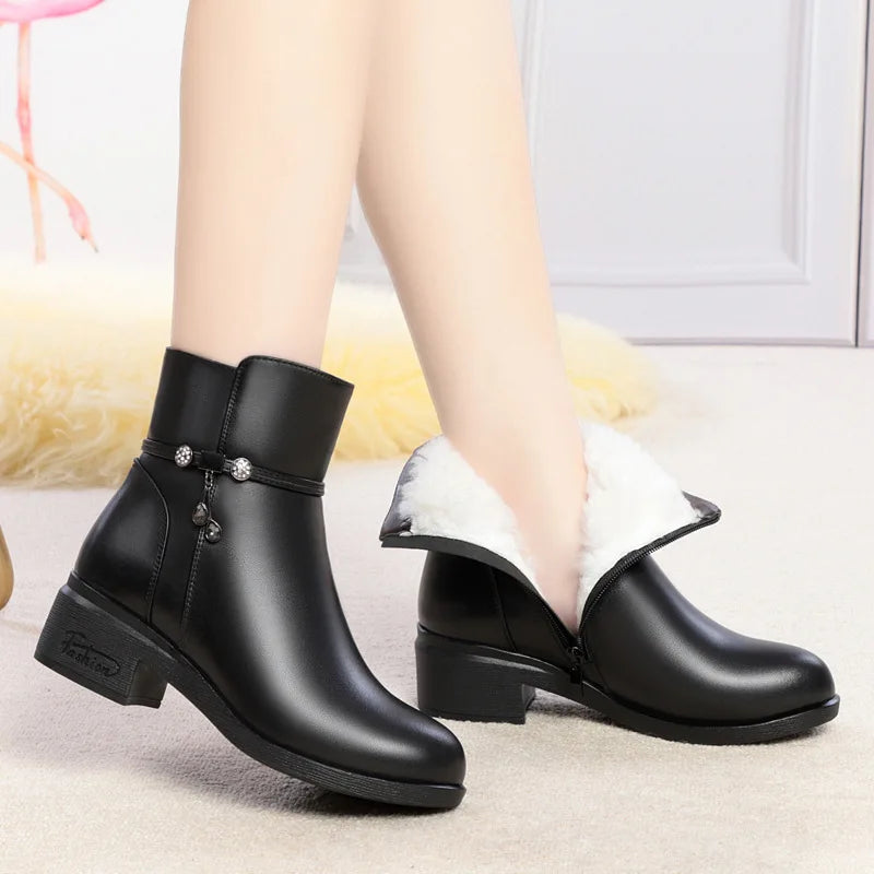 Women's Mother Female Genuine Leather Shoes Ankle Boots Winter Fur Plush Wool Warm Zipper