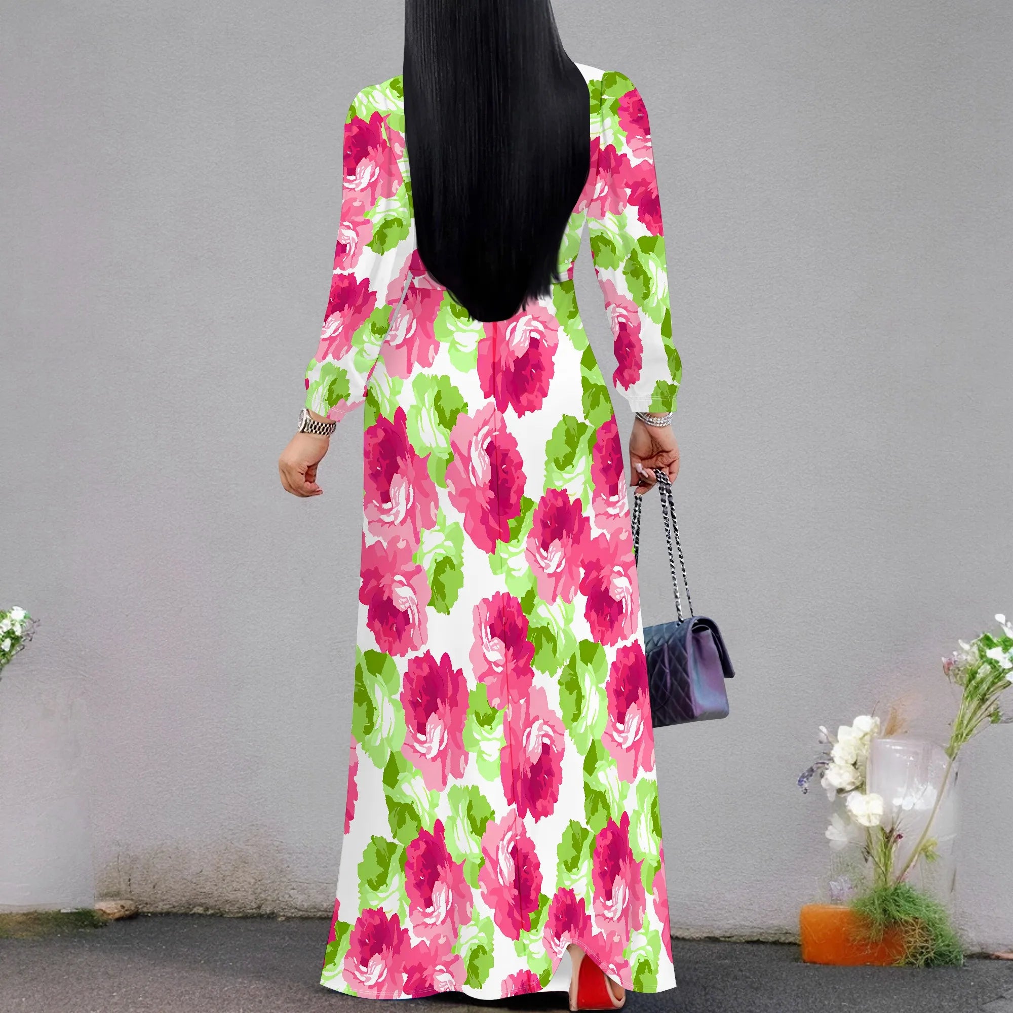 Pink Floral V-Neck Long Sleeve Maxi Dress Women Spring Summer Garden Style