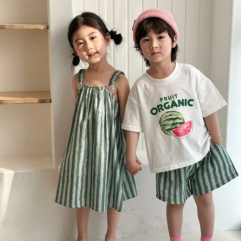 Children's Summer Clothes 2PCs Set Boys' Pure Cotton Striped Tee and Shorts Suit Cute Girls Suspenders Dress Siblings' Outfit Unisex