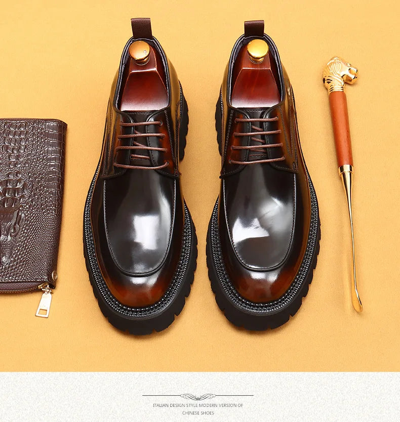 Designer Men's Leather Shoes With Thick Soles Round Toe Glossy Leather Business Dress and Waxed Cowhide Lace-Up British Shoes