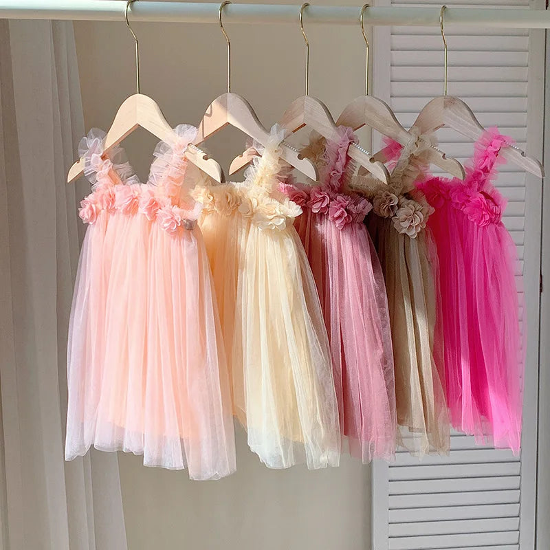 Summer Kids Sweet Mesh Dress Girls 6 Colours Suspended Floral Beach Skirt Children Tutu Princess Dress 1-6Y Girls