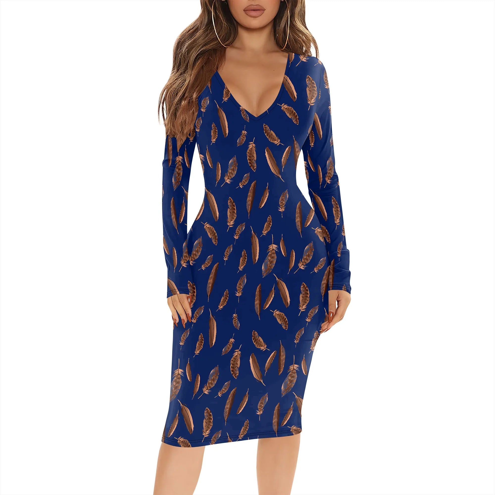Womens Bodycon White Dark Blue line Flower Print Round Neck Ruffle Ruched Party Knee Length Pencil Dress