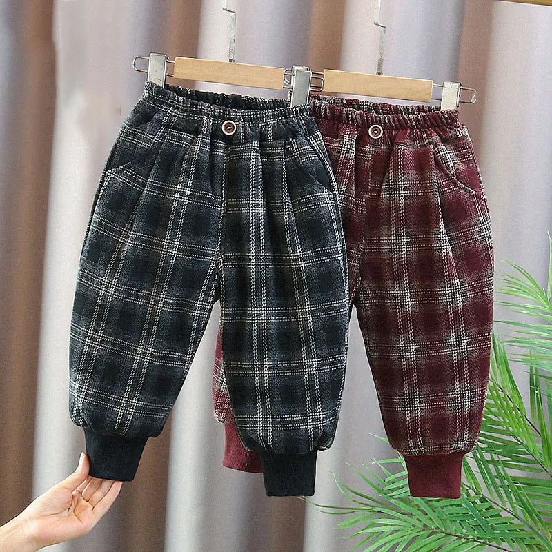 Winter Baby Children's Pants Girls Retro Plaid Thick Trousers Fur Lining Boys Warm Casual Pants 0-5Y Unisex