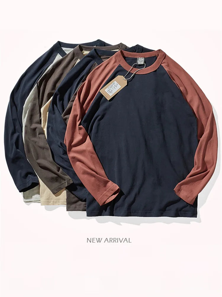 Autumn New American Retro Long Sleeve O-neck Contrast Splicing T-shirt Men's Fashion 100% Cotton Washed Old Casual Sport Tops